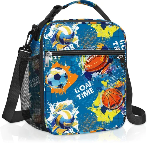 Vista 8 de Clastyle Bolsa de almuerzo deportiva con aislamiento de grafiti para niños, bolsa térmica grande para niños, color azul, picnic, escuela, lonchera
