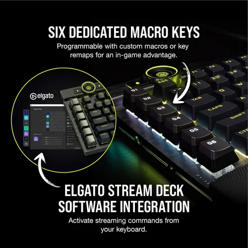 Vista 8 de Corsair Teclado mecánico óptico K100 RGB para juegos - Corsair OPX RGB - Teclas ópticas y mecánicas - Tecnología AXON de hiperprocesamiento para un