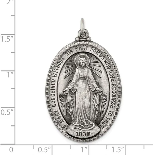 Vista 3 de Colgante de plata de ley 925 con diseño vintage de Virgen María antigua y reza por nosotros, medalla milagrosa, medalla de maría, 1.693in x 1.024in