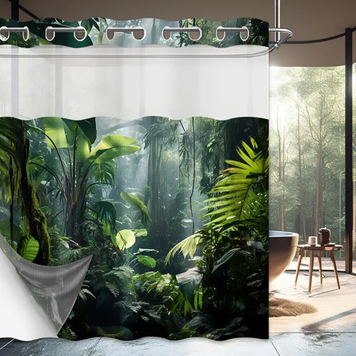 Vista 16 de Cortina de ducha verde de selva naturaleza bosque selva tropical paisaje planta tropical decoración de baño, tela impermeable con ganchos, 36x72