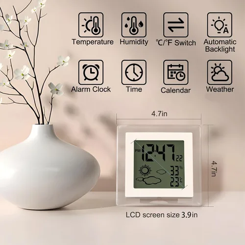 Vista 6 de Reloj pequeño digital, funciona con batería, despertador con retroiluminación automática, temperatura y humedad interior, 12/24H, fecha, reloj