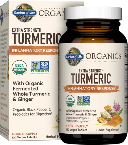 Vista 9 de Garden of Life Organics 60 tabletas para respuesta inflamatoria de cúrcuma extrafuerte 100mg de curcumina (95% curcuminoides)/pimienta