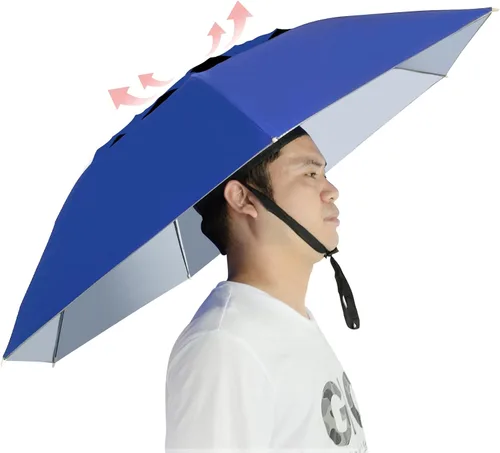 Vista 15 de Sombrero paraguas de pesca plegable ajustable, 37.4” extragrande, con manos libres, 7 nervaduras, impermeable, anti-UV, para pesca, jardinería