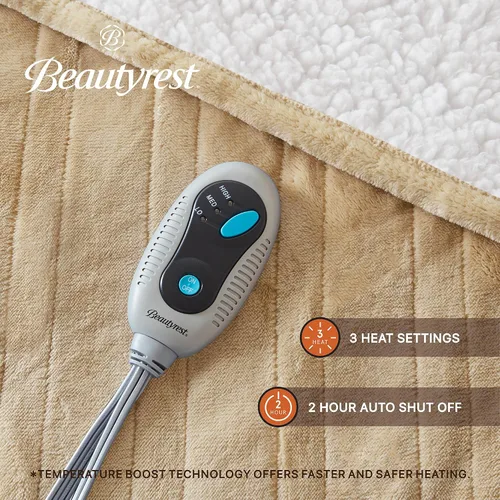 Vista 4 de Beautyrest Manta térmica, manta eléctrica, suave, cálida y reversible, manta térmica Sherpa para oficina, sofá, 3 ajustes de calor, apagado
