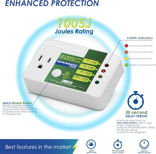 Vista 2 de Refrigmatic MEGA, protector electrónico de voltaje y sobretensiones 2 en 1 para refrigeradores de dos puertas de 27 pies cúbicos o más - 1005J