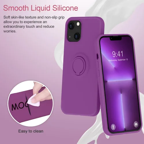 Vista 2 de MOCCA Funda compatible con iPhone 13 de 6.1 pulgadas con soporte de anillo Silicona líquida Forro de microfibra Funda protectora antiarañazos