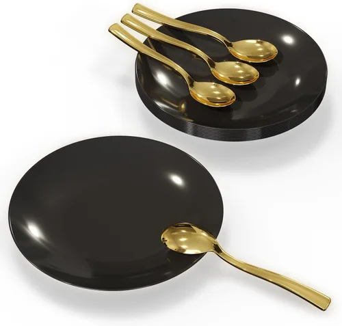 Vista 7 de Trendables Platos de postre desechables de 120 quilates con cucharas doradas (sirve para 60 personas), platos de plástico pequeños negros