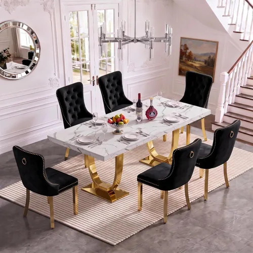 Vista 7 de Henf Mesa de comedor rectangular de mármol sintético blanco de 70 pulgadas Blanco & Oro