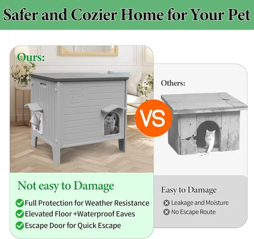 Vista 2 de Deblue Casa para Gatos de Exterior Resistente a la Intemperie Grande de Plástico Casas para Gatos con Puerta de Escape Interior Impermeable Refugio