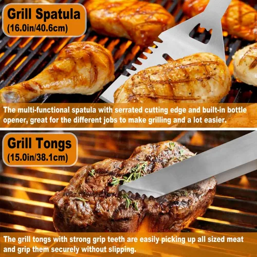 Vista 5 de POLIGO 28 accesorios para asar en bolsa con inyector de carne, garras de barbacoa, esteras, termómetro para ahumador, juego de utensilios de Negro