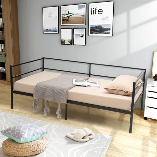 Vista 6 de Giantex Marco de cama de metal tamaño individual, cama de día con soporte de listones de metal y barandillas de 3 lados, sofá cama 2 en 1 que ahorra