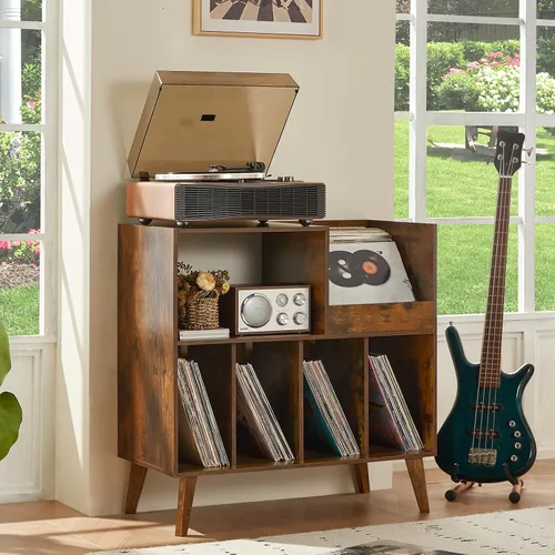 Vista 3 de LELELINKY Soporte grande para tocadiscos, soporte giratorio con almacenamiento, soporte para discos de vinilo con área de visualización, mesa