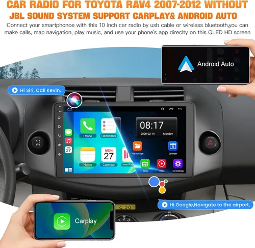 Vista 3 de Estéreo de radio de coche para Toyota RAV4 2007-2012 sin sistema de sonido JBLB, compatible con Carplay inalámbrico/Android Auto/Mirrorlink