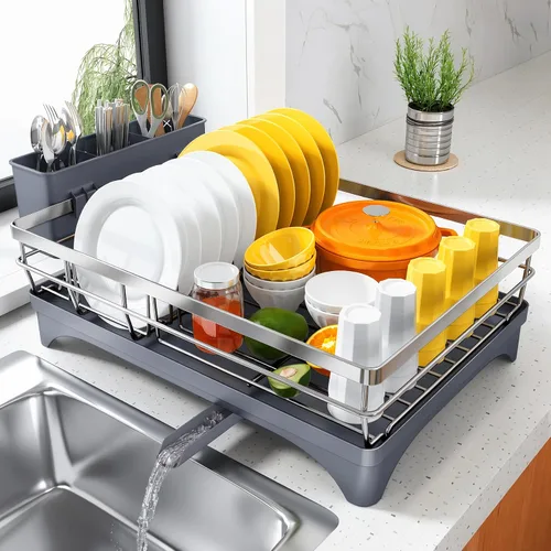Vista 10 de SNTD Escurridor de platos para encimera de cocina - Escurridor grande con bandeja de drenaje, escurridor de platos a prueba de óxido con soporte