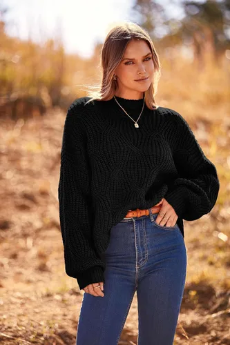Vista 4 de PRETTYGARDEN Suéteres de otoño de gran tamaño para mujer, estilo casual, cuello redondo, manga larga, tejido trenzado grueso, blusa