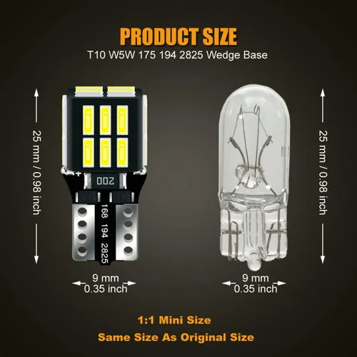 Vista 2 de 24-LEDs 360° Lighting T10 194 2825 Bombilla LED blanca 6000K 12V Super brillante 158 160 168 175 W5W 168NA 194NA Reemplazo para vehículo