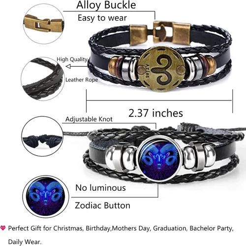 Vista 4 de Pulsera de cuero trenzado a mano con 12 cuentas de constelación para hombre, estilo retro, 2
