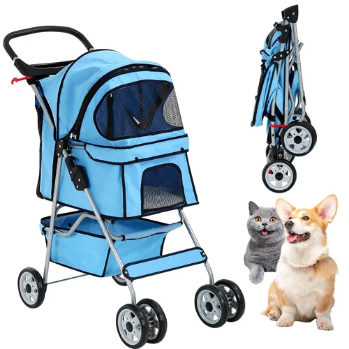 Vista 12 de Cochecito para perros con cesta de almacenamiento, cochecito para mascotas de 3 ruedas, transpirable, compacto, portátil, plegable, para viajes