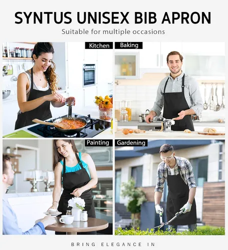 Vista 7 de Syntus Paquete de 12 delantales con peto, delantales unisex, ajustables, 100% algodón con 2 bolsillos, delantales de cocina para mujeres y hombres