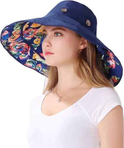 Vista 3 de Sombrero reversible para el sol UPF 50+ con ala extra grande, flexible, fácil de empacar, para la playa