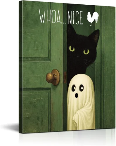 Vista 10 de Divertido arte de pared de baño con fantasma, gato y fantasma, bonita decoración de pared de baño de Halloween, divertida obra de arte de gato