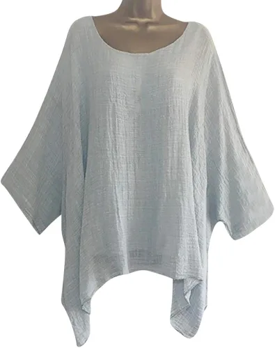 Vista 2 de Blusa de verano de lino de algodón para mujer, dobladillo irregular, asimétrico, hombros caídos, con textura, plisado liso