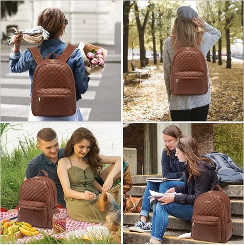 Vista 6 de LOVEVOOK Mochila pequeña acolchada para mujer, mochila de cuero, impermeable, para viajes de trabajo, Marrón, Compacto