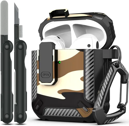 Vista 9 de RFUNGUANGO Funda para AirPod de 2ª generación con kit de limpieza, armadura protectora de carcasa dura militar con bloqueo para funda de carga