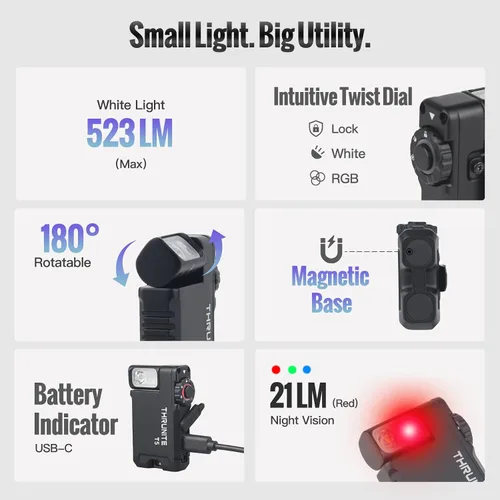 Vista 5 de ThruNite Mini linterna EDC T5, luz de bolsillo magnética recargable con Negro CW
