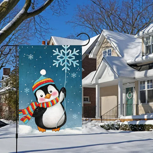 Vista 2 de Bandera de jardín de Navidad de bienvenida de pingüinos de invierno, 12 x 18 pulgadas, de arpillera de doble cara, bufandas de copos de nieve