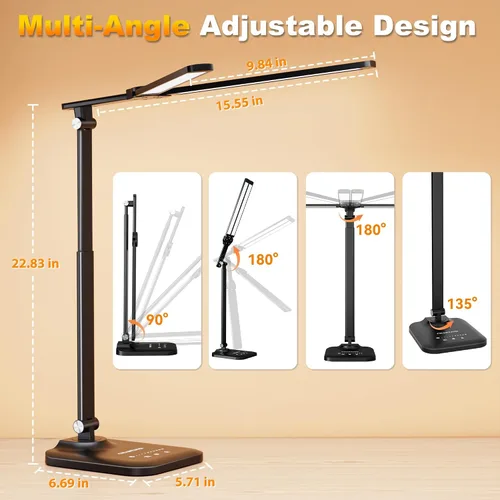 Vista 5 de CHARYJOD - Lámpara LED de escritorio para oficina en casa, luz de escritorio de arquitecto de altura ajustable con adaptador USB, lámpara de Negro