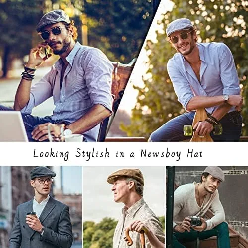 Vista 6 de LADYBRO Paquete de 2 sombreros ajustables de Newsboy para hombre, gorra plana irlandesa de mezcla de lana de tweed