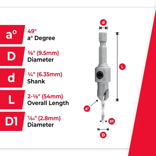 Vista 4 de Amana Tool - 55264 - Broca con punta de carburo para avellanado de 82°, Diámetro de 3/8 x 49 Grados x 1/4 de liberación rápida