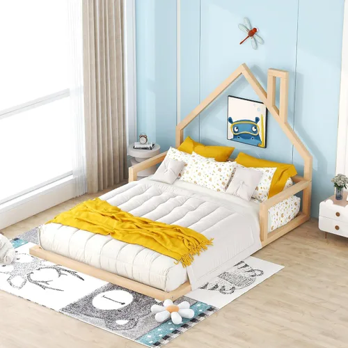 Vista 9 de Harper & Bright Designs Cama de suelo de tamaño individual con cabecera en forma de casa, marco de cama Montessori individual, cama de plataforma