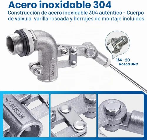 Vista 4 de Válvula de flotador de acero inoxidable de 1/2 pulgada – Control de nivel de agua automático de acero inoxidable 304 de servicio pesado, brazo