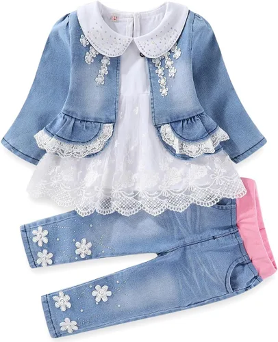 Vista 10 de Peacolate 6M-4Years Primavera Otoño Bebé Niñas Ropa Conjunto 3pcs Manga Larga Vestido Denim Chaqueta y Jeans Azul Lace