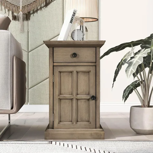 Vista 3 de Mesa auxiliar vintage para sala de estar, mesita de noche multifuncional con puertos USB y cajón con portavasos (marrón antiguo/USB*)
