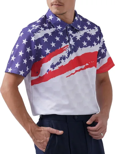 Vista 3 de PAGYMO Camisas de golf para hombre, divertidas camisas de golf para hombres, camisas polo hawaianas para hombres, camisa patriótica tropical