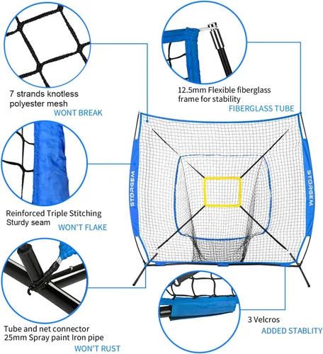 Vista 4 de Storgem Baseball and Softball Practice Net 7×7ft Portable Hitting Pitching Batting Training Net Baseball Backstop Net and Strike Zone and Bow Frame