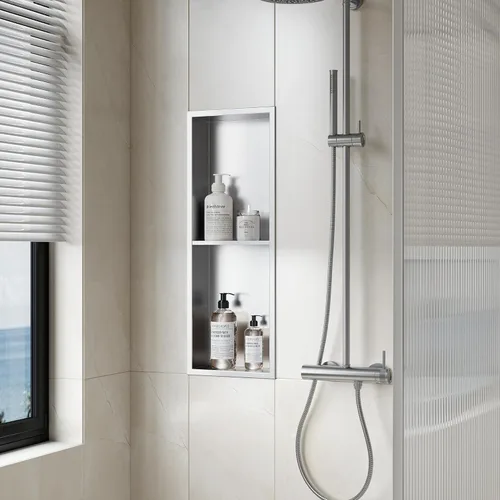 Vista 2 de Neodrain Nicho de ducha doble estante de acero inoxidable, no necesita azulejos, nichos de baño empotrados en la pared, nicho de pared empotrado