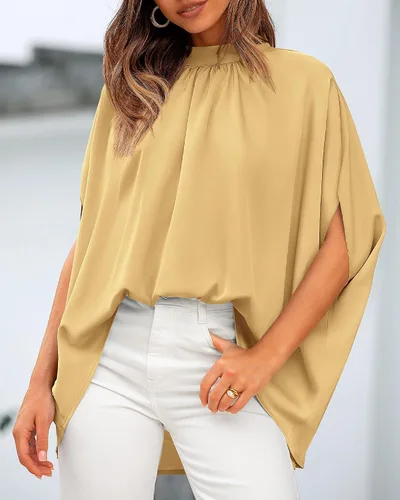 Vista 107 de BTFBM Blusas de verano para mujer, cuello alto falso, manga murciélago, holgadas, dobladillo alto y bajo, blusas informales de gran