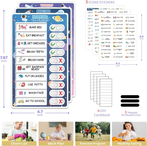 Vista 6 de Tabla de rutina de 3 en 1 para dormir/mañana/semana para niños, tabla de tareas magnética para niños pequeños, horario visual para niños, tabla