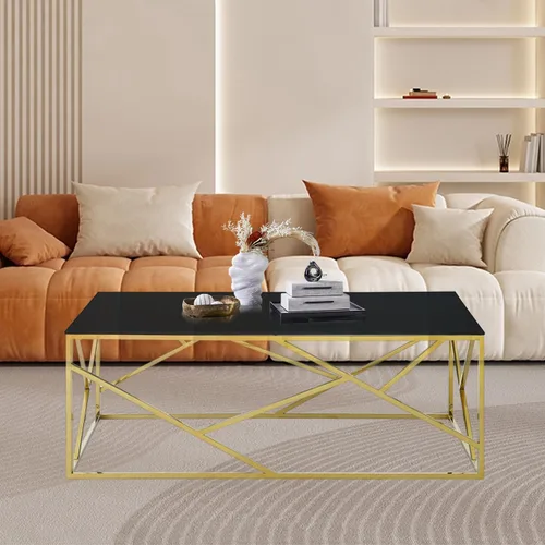 Vista 4 de SSLine Mesa de centro de cristal negro con patas de acero inoxidable doradas, mesa de centro rectangular de lujo para sala de estar, moderna