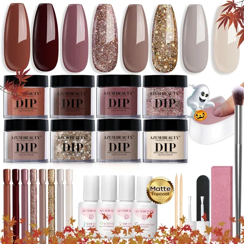 Vista 15 de AZUREBEAUTY Kit de uñas en polvo de inmersión, gelatina translúcida blanca lechosa, rosa desnudo, neutro, claro, 8 colores, juego de polvo