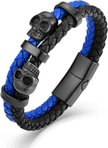 Vista 11 de Pulsera de Cuero de Doble Fila con Calavera para Hombre, Pulsera Trenzada con Calavera Negra o Plateada para Hombre, Joyería Punk Masculina