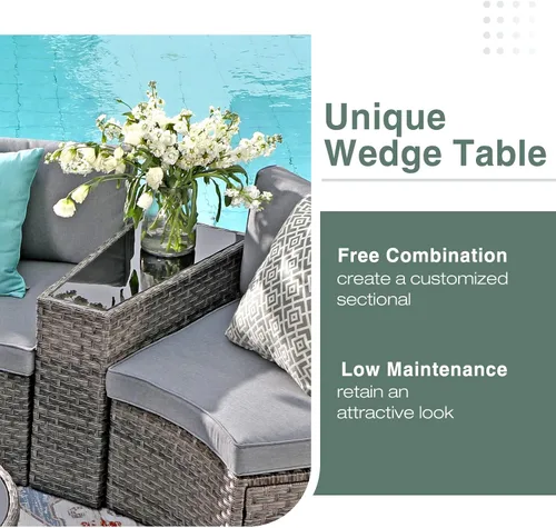 Vista 4 de SUNSITT Juego de 8 muebles curvados de media luna para patio al aire libre, sofá seccional de mimbre gris, cojines gris claro con 2 mesas auxiliares