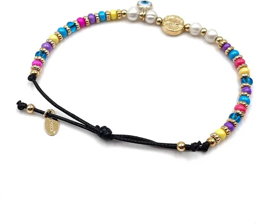 Vista 5 de Pulsera ajustable con cuentas de arco iris de mal de ojo de San Benito