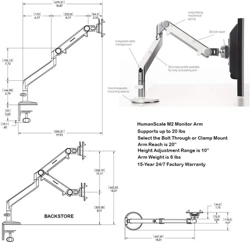 Vista 9 de Humanscale M2 M2CW1S Brazo articulado ajustable para monitor de computadora, abrazadera de dos piezas con base, aluminio pulido con ribete blanco