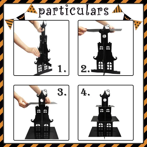 Vista 3 de Soporte de 3 niveles para cupcakes de Halloween, castillo de Halloween, soporte redondo de cartón, torre de postre, torre de árbol de postre