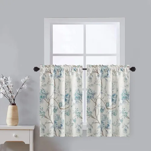 Vista 41 de Leeva Cortinas rústicas de cocina con estampado floral verde mezclado de lino para media ventana, para comedor, bolsillo para barra, cafetería